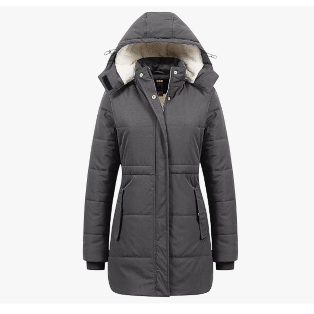 NWT Gray Puffer Jacket with Removable Hood and Quilted Design and Sherpa inside